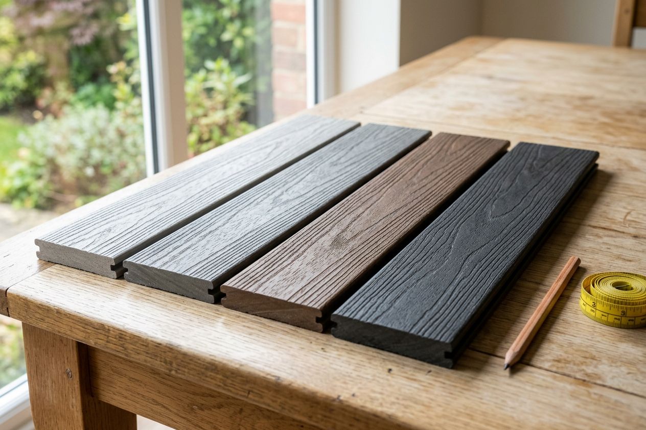 Four composite board samples in light grey, mid grey, walnut and charcoal on a table