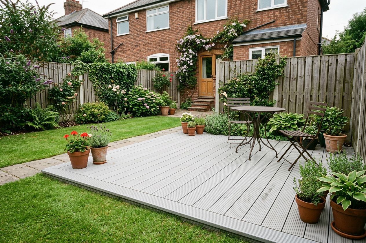 Light grey ground-level composite deck with a picture-frame border in a small back garden