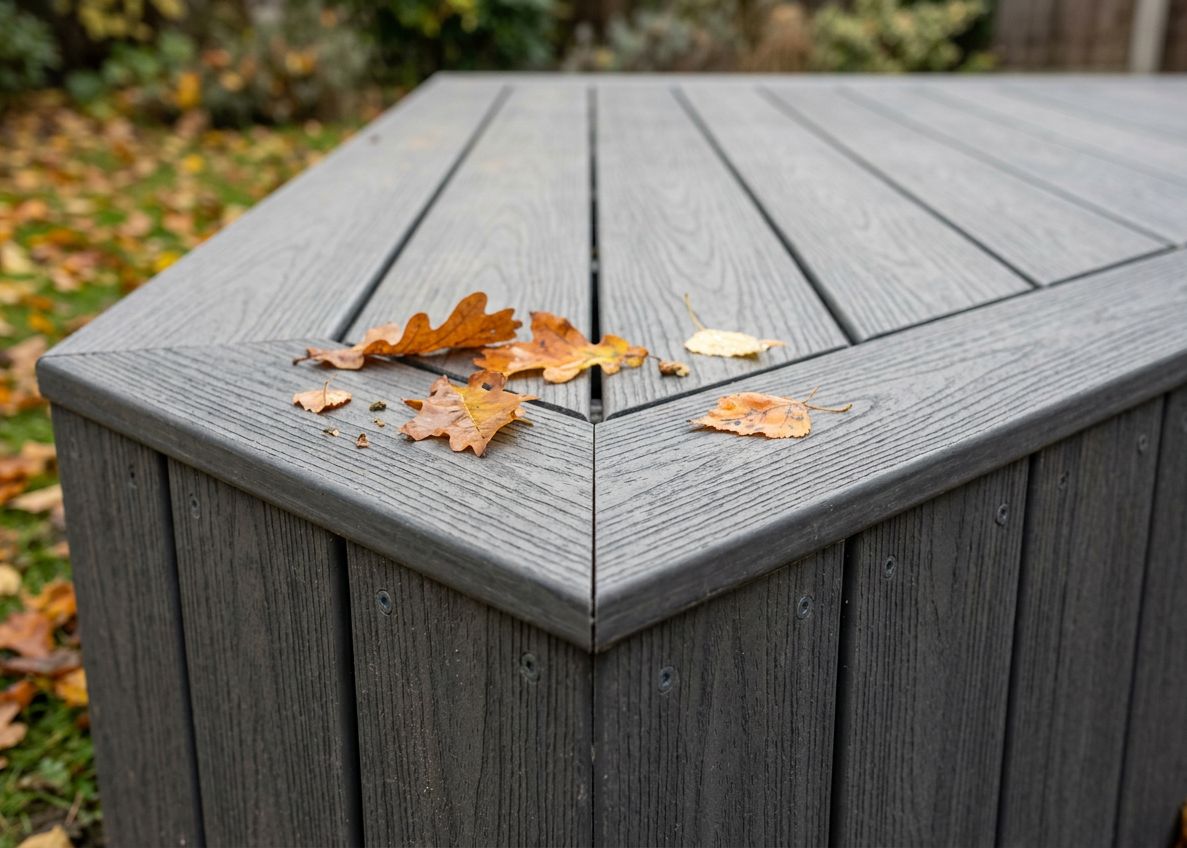 Mitred picture-frame corner and matching fascia on a grey composite deck